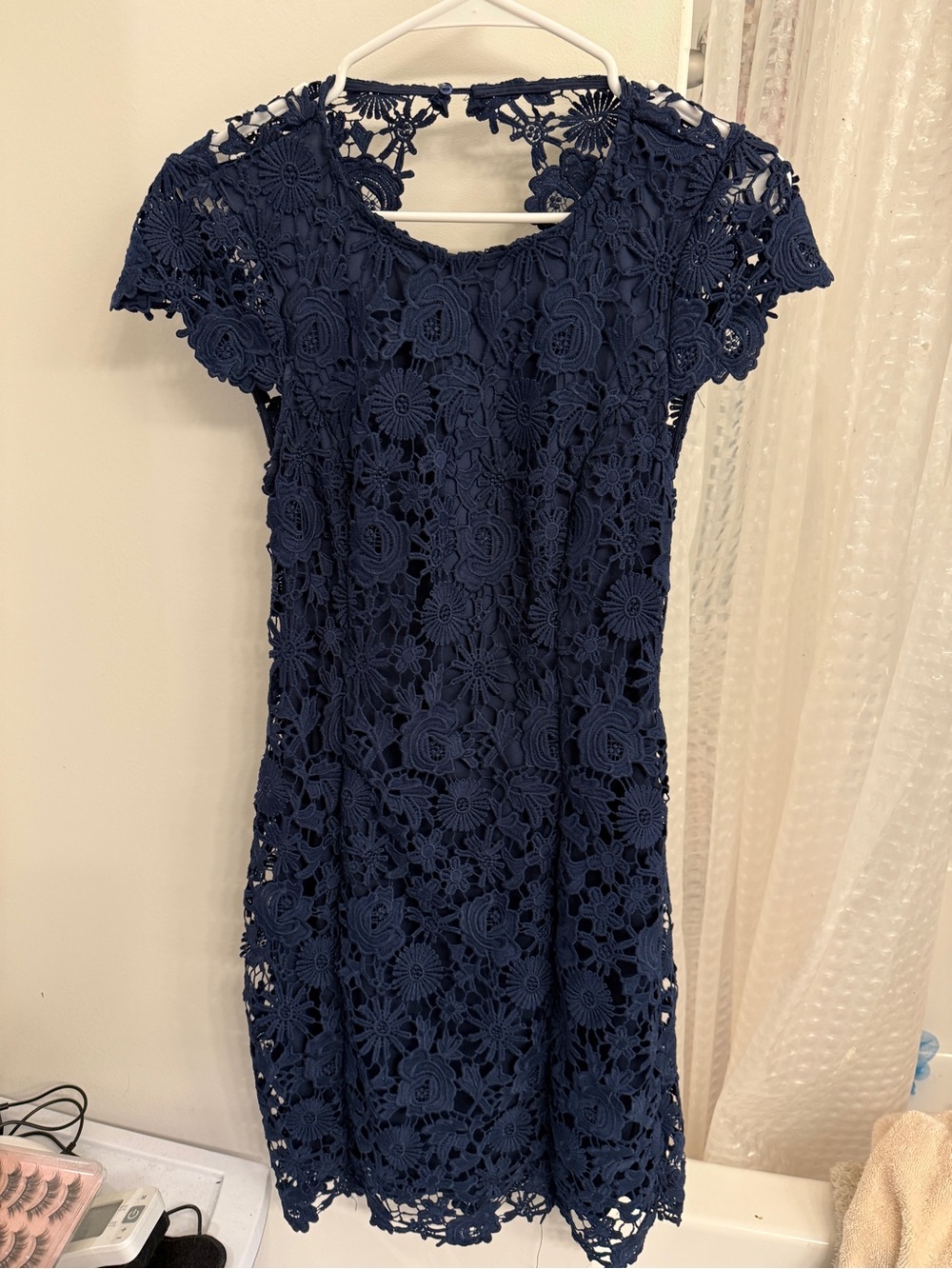 Lulu's Navy Floral Crochet Cap-Sleeve Dress